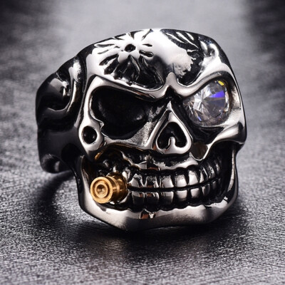 

Gold Smoking Pipe Biker Mens Rings Rock Punk Skull Ring Titanium Steel Clear Zircon Eye Plating Rings Men Jewelry