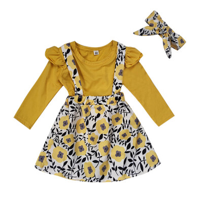 

Spring Autumn Casual Fashion Baby Girl Long Sleeve Top And Flower Printing Suspender Skirt And Headband Set Three-piece