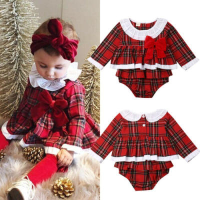 

UK Xmas Toddler Baby Girl Christmas Romper Dress Bodysuit Plaid Outfit Clothes