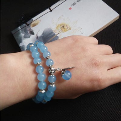 

Blue Crystal Bracelets Round Beads Lucky Silver Color Leaf Pendant For Lovers Crystal Bracelet Multilayer Jewelry