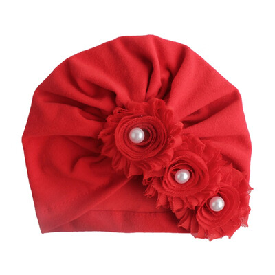 

Hot Sale Summer New Cute Baby Girl Hat Comfortable Breathable Solid Color With Flower Pearl Candy Color Turban Elastic Cap