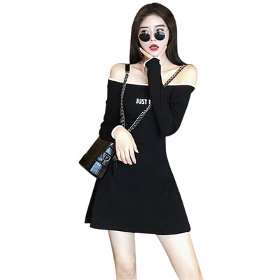 

Korean Letter Print Slash Neck Sexy Mini Dress Women Casual Long Sleeve Autumn White Black Off Shoulder Vestidos