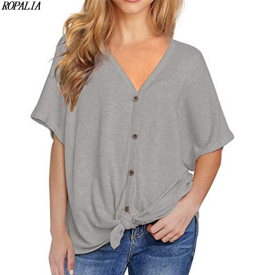 

Summer Batwing Short-sleeved Knit T-Shirts V-neck Hem Twisted Button Top Novel Womens Clothing