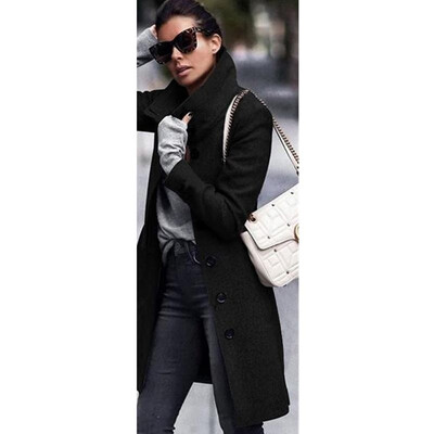 

Women Coat Solid Color High Neckline Turn-down Collar Button Long Sleeve Elegant Autumn Winter Jacket