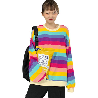 

Women O-neck Long-sleeved Shirt Fashion Rainbow Stripes Loose T-shirt Female Casual Tops