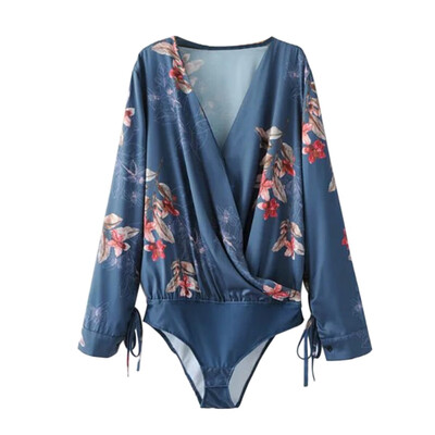 

sexy bow tie long sleeve shirt Women bodysuit deep V neck floral print elastic waist blouse playsuits casual tops