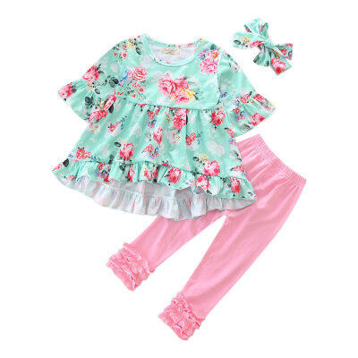 

Qianquhui New Spring Summer Kids Clothing Set Floral Pattern Short Petal Sleeve Shirt Pink Long Pants Girls Clothes