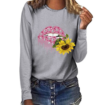 

Plus Size New Autumn Fashion Women Casual Blouse Sunflower And Lips Printed Sweatshirt Long Sleeve Shirt Tops