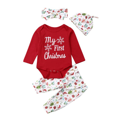 

0-18M Baby Boy Girl Christmas Clothes Autumn Long Sleeve Letters Romper Tops Floral Trousers Hat Headband Outfits Set