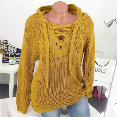 

2019 New Autumn Women Fashion Casual Solid Color Bandage Sweater Long Sleeve Hooded Sweater Plus Size Pullover 7 Colors