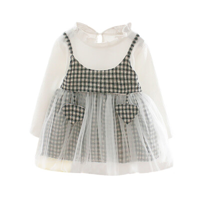 

Autumn Casual Baby Girls Plaid Print Long Sleeve Fake 2 Piece Dress Kids Princess Sundress