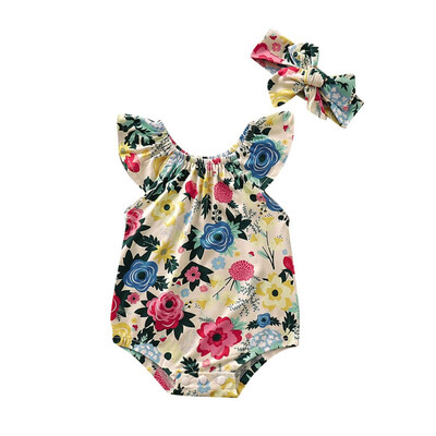 

Summer Casual Jumpsuits With hairband Baby Girl Sleeveless Printing Rompers Kids Toddler Girls Clothes
