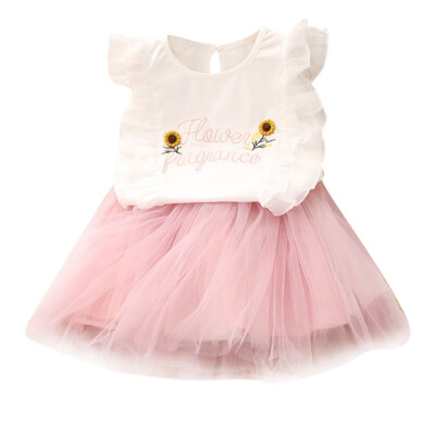 

Children Baby Girl Summer Embroidery Short Sleeve T-Skirt Princess Mesh Dress Two-Piece Set 2-8Y Lovely Toddler Girls Clothes