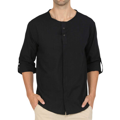 

Tailored Mens Fashion Baggy Cotton Blend Solid Color Long Sleeve Round Neck Shirts