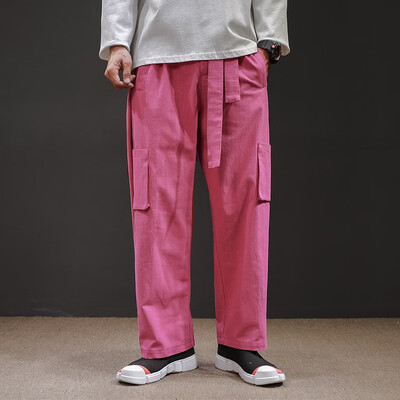 

Gobestart Mens New Style Retro Large Size Multi-Pocket Flax Broad-Legged Pants Trousers