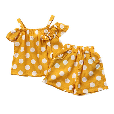 

Summer Toddler Girl Clothing Dot Print Bow Flare Sleeve Off-shoulder T-shirt Blouse Tops Shorts Casual 2pcs Outfits