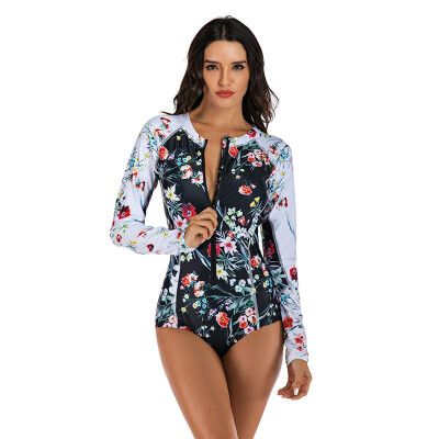 

Print Floral One Piece Swimsuit Long Sleeve Swimwear Women Bathing Suit Retro Zipper Swimsuit One Piece Surfing Swim Wear