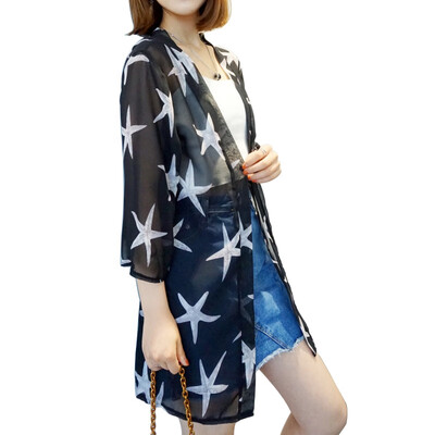 

Summer Womens Cropped Sleeve Print Long Kimono Cardigan Blusas Jacket Casual Loose Sunblock Shirt