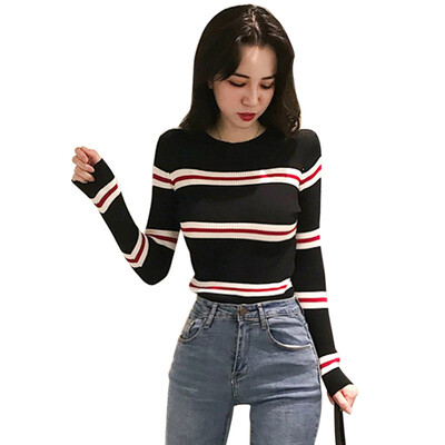 

Korean Style Round Neck Soild Color Stripes Sweater Slim Thin Long-sleeved Knit Sweater Black Code