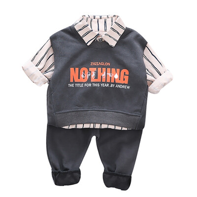 

Autumn Baby Boy Cute Long Sleeve Handsome Striped Print Shirt Letters Sleeveless Sweatshirt Trousers Casual Outfits