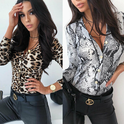

Women Leotard Stretch Bodycon Slim Blouse V Neck Snake Leopard Print Tops Shirt