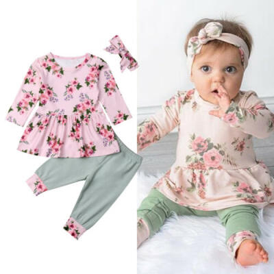 

US Newborn Baby Girls Winter Outfits Clothes Flower TopsRuffle Pants 3Pcs Set