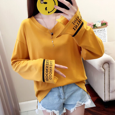 

Winter Womens Streetwear Chic Plus Size V Neck Letter Print Long Sleeve Loose Pullover Basic Bottoming T-Shirt