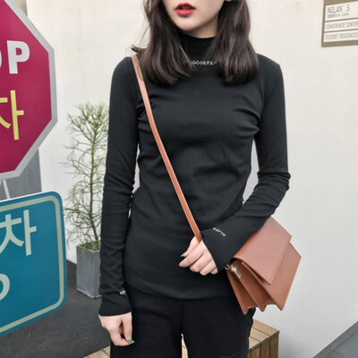 

Half-high collar long-sleeved T-shirt female letter printed milk silk solid color cotton T-shirt womens autumn bottoming shirts