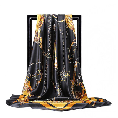 

Print Hijab Scarf Silk-Satin Square Head Shawl Scarves Leopard Chain Printing Large Square Scarf Silk Flower Scarf 9090cm