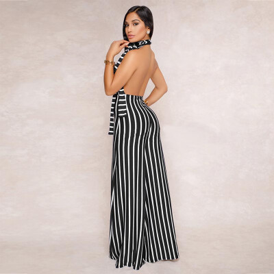 

Large size 2019 Amazon standard code Europe&the United States hot sexy striped tie bare back wide leg jumpsuit explosion1