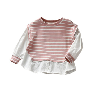 

Children Clothing Girls Comfortable Sweater Stripe Two Piece Stitching Long Sleeve Round Collar Cotton Casual Summer Tops