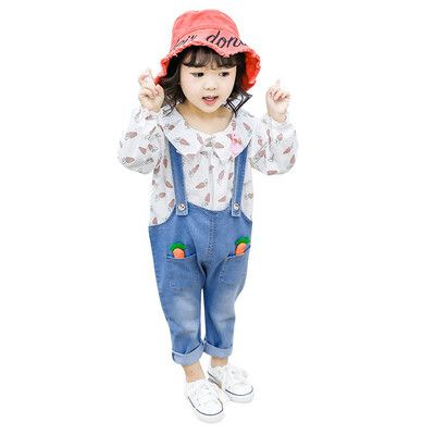 

Autumn Baby Girl Clothes Carrot Print Long Sleeve Blouse Tops Denim Strap Pants Suit Girls Clothing Set Children Casual Outfits