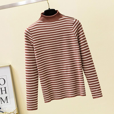 

Women Sweater Highly Stretch Stripes Ribbed High Neck Ruffle Long Sleeve Slim Autumn Winter Warm Vintage Tops