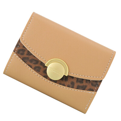 

Lady Leopard Patchwork Round Button Trifold Short Wallet Faux Leather Coin Purse