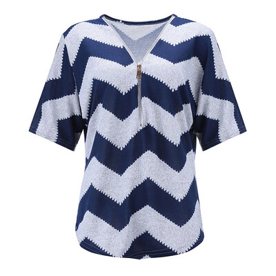 

Summer Womens T-Shirt Retro V Neck Geometric Print Zipper Short Batwing Sleeve Striped Printed T-shirt Femme Plus Size Tops
