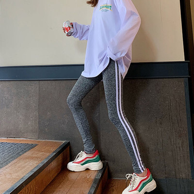 

Women Black Tracksuits Pants High Elastic Skinny Pencil Pants Side Striped Trousers Casual High Waist Female Pants Crips