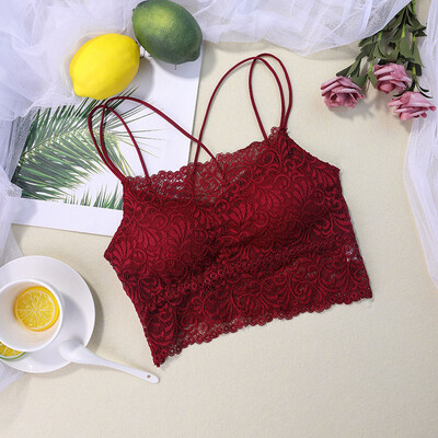

Fashion Lace Patchwork Sling Detachable Chest Pad Seamless Back Cross Bra Tube Tops Solid Color Camisoles Slim Tops Women
