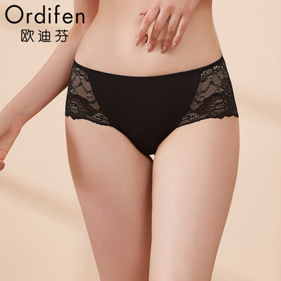

Ou Difen womens underwear 2019 new middle waist no trace boyshort cotton pants lace sexy underwear womens belly pants XK8511 black L