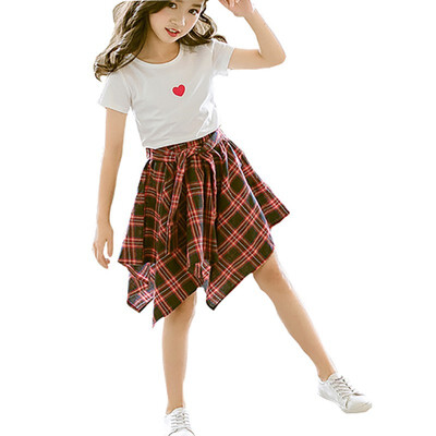 

Summer Girls Clothes Sets Baby Girl Short Sleeve Shirt Top Skirt Kids Clothing Fashion England Plaid Childrens Clothes 2pcs