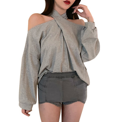 

Elegant Cross Halter Women\s Shirts Off Shoulder Sexy Long Sleeve Slim T Shirts Tops Female Autumn Clothing