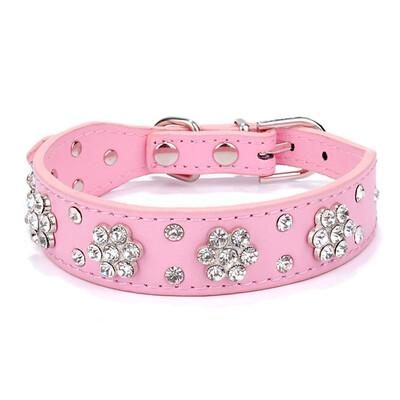 

Plum Blossom Rhinestone Dog Collar Leather Pet Collar Studded Cat Collars Crystal Puppy Necklace