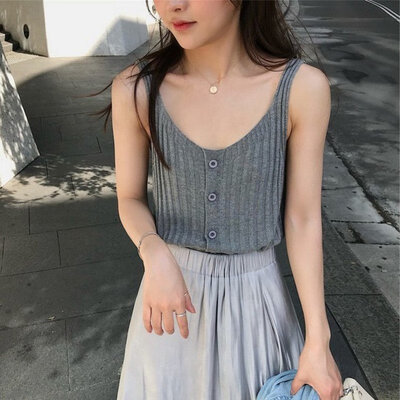 

2019 Womens Buttons U Neck Sleeveless Solid Knitted Tank Top