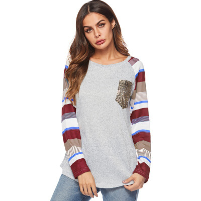 

Women Patchwork Striped T Shirts O Neck Tees With Pocket Female Casual Tops Long Sleeve Autumn Femme Ladies Clothes -2XL