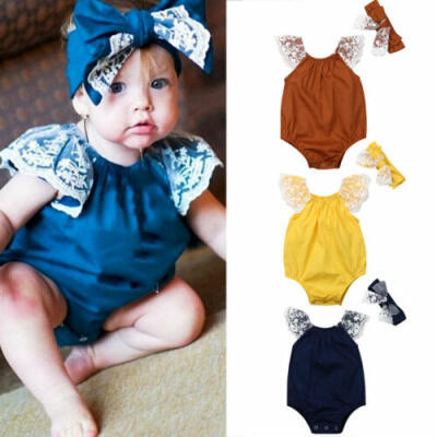 

CA Infant Baby Girl Lace Feifei Sleeve Bodysuit Romper Jumpsuit Headband Clothes