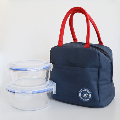 

Banzhini lunch bag fresh lunch box bag rice bag multi-function portable with aluminum film layer cold insulation package heat-resistant glass lunch box microwave lunch box round 2 piece set navy