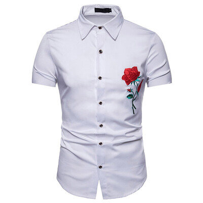 

Tailored Men Hipster Casual Slim Fit Short Sleeve Button Down Shirts Tops with Embroidery
