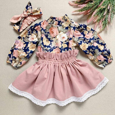 

UK Toddler Baby Girl Kids Clothes Flower Tops Lace Skirt Headband Outfit Set