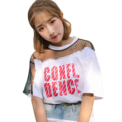 

New Fashion Letter Printed Round Neck Short Sleeve T Shirts Women Sexy Mesh Hollow Out Tshirt Korean Casual Loose Tops Female