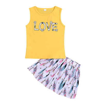 

2PcsSet Baby Girls Casual Summer Sleeveless Vest Letter Print BlouseFloral Short Skirts Suits Costume Set