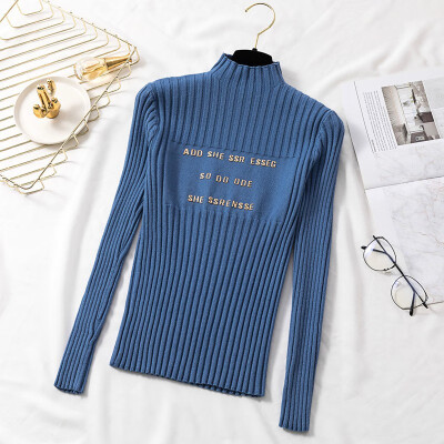 

Women Sweater Autumn Knitted Turtleneck Embroidery Letter Long Sleeve Sweater Knitwear Elasticity Casual Jumper Slim Pullover